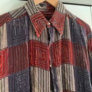 Genelli Silk Blend Geometric Velour Shirt Men’s Button Up Vintage Size Large